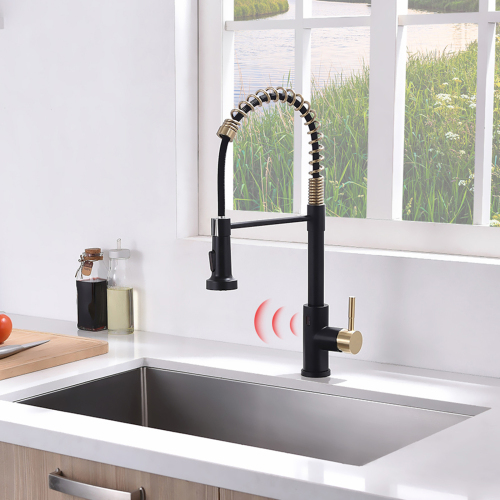 Touchless Black and Gold Smart Kitchen Faucet in Brass and Ceramic