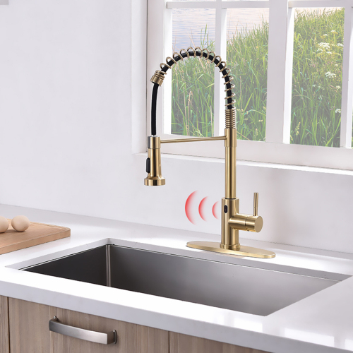 Touchless Brushed Gold Kitchen Faucet with Brass and Ceramic Details