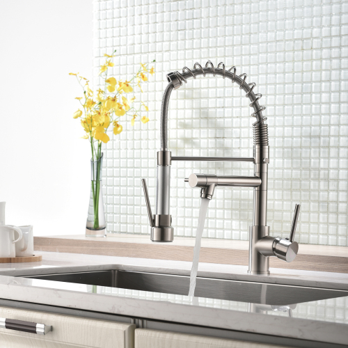 Contemporary Brushed Nickel Brass Kitchen Faucet with Pull-Down Sprayer