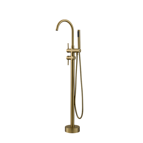 Brushed Gold Brass Floor-Mount Tub Filler with Pull-Out Hand Shower