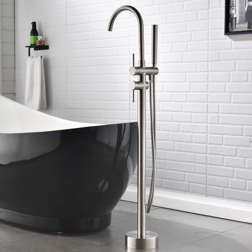Brushed Nickel Floor-Mount Tub Faucet with Pull-Out Handheld Shower