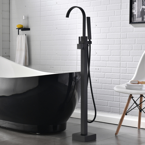 Two-Handle Matte Black Brass Floor-Mount Tub Faucet with Handheld Shower