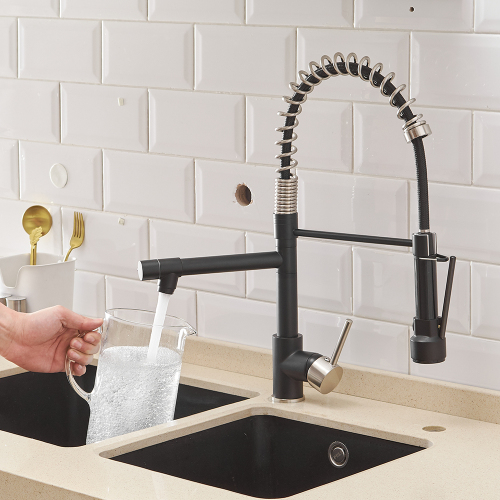 Contemporary Black and Silver Brass Kitchen Faucet with Pull-Down Sprayer