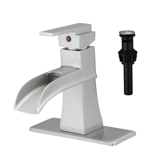 Brushed Nickel Brass Waterfall Faucet, Single-Hole with Pop-Up Drain