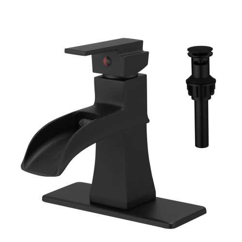Matte Black Brass Waterfall Sink Faucet with Deck Plate, Pop-Up Drain