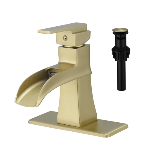 Sink Faucet With Deck Plate Waterfall Nickel Gold with Pop Up Drain and Supply Lines Bathroom faucets for Sink 1 Hole One Handle Faucets Vanity Bath Mixer Tap - Brushed Gold - brass - Ceramic - Contemporary - Manual - Single Hole Faucets - Side Sprayer - Deck-Mounted - Joystick - Geometric - Cartridge Valve - 1 Hole Faucets - brass - Ceramic