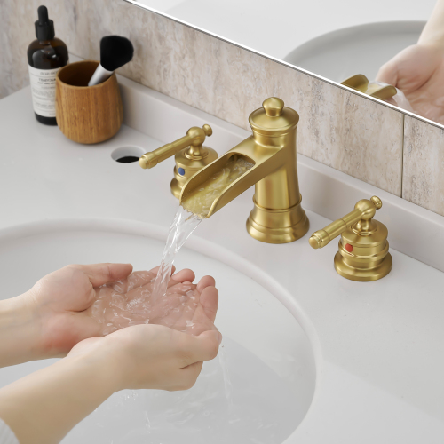 Bathroom Faucets for Sink 3 Hole Nickel Gold 8 inch Widespread Bathroom Sink Faucet with Pop Up Drain Double Lever Handle Faucet Bathroom Vanity Faucet Basin Mixer Tap Faucet with Hose - Brushed Gold - brass - Ceramic - Contemporary - Manual - Widespread Faucets - Side Sprayer - two - Deck-Mounted - Joystick - Geometric - Cartridge Valve - 3 Hole Faucets - brass - Ceramic - 8-Inch