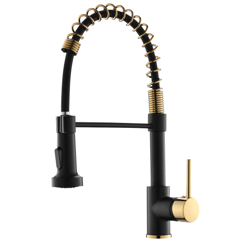 Contemporary Black and Gold Brass Kitchen Faucet with Pull-Down Sprayer