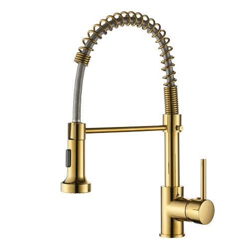 Contemporary Gold Brass Kitchen Faucet with Pull-Down Sprayer