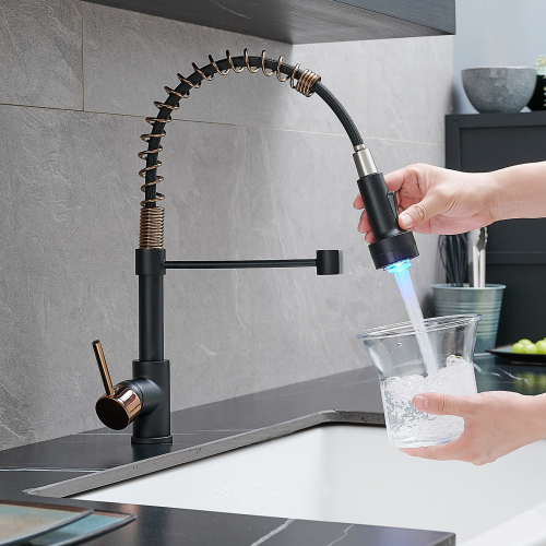 LED Commercial Pull-Down Kitchen Faucet, Single-Handle Black+Gold Brass
