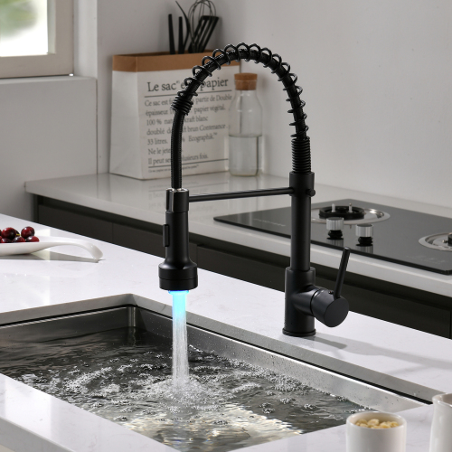 Contemporary Black Brass LED Kitchen Faucet with Pull-Down Sprayer