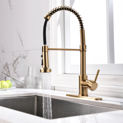 Brushed Gold Brass Kitchen Faucet with Pull-Down Sprayer and Deck Plate