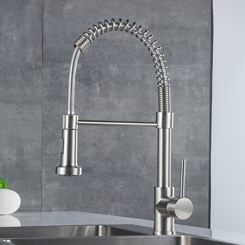 Contemporary Brushed Nickel Brass Kitchen Faucet with Pull-Down Sprayer