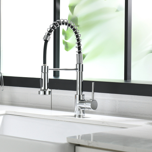 Contemporary Chrome Brass Kitchen Faucet with Pull-Down Sprayer