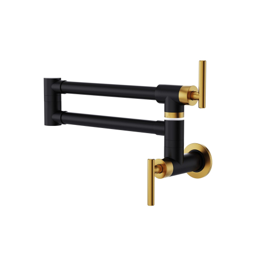 Black and Gold Brass Wall-Mount Folding Two-Handle Pot Filler Faucet