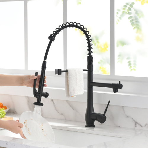 Contemporary Black and Nickel Brass Pull-Down Kitchen Faucet