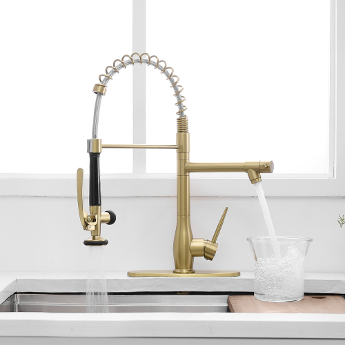 Brushed Gold Brass Kitchen Faucet with Pull-Down Sprayer & Deck Plate