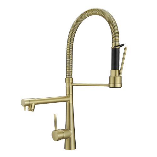 Brushed Gold Brass Pull-Down Kitchen Faucet with Dual Outlet