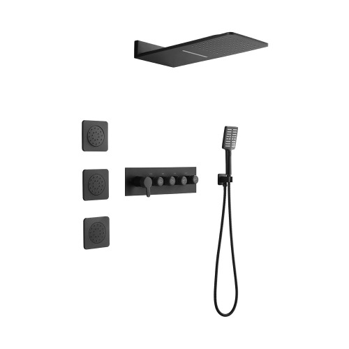 Matte Black Brass Wall-Mounted Waterfall Shower System, 3 Sprays & Handheld