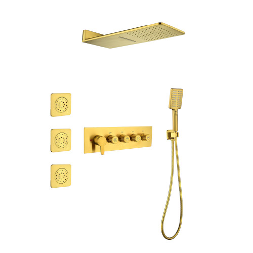 Brushed Gold Wall-Mounted Waterfall Rain Shower System with 3 Body Sprays