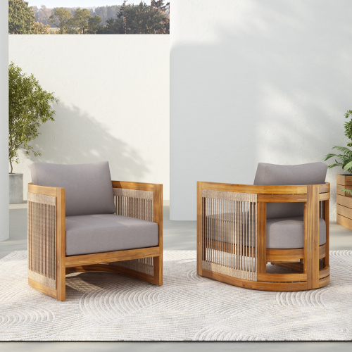 Set of 2 Gray and Teak Acacia Wood Outdoor Club Chairs with Cushions