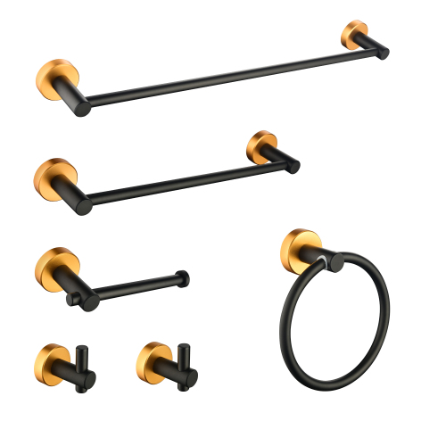 6-Piece Wall-Mount Bathroom Towel Rack Set in Gold & Matte Black Aluminum