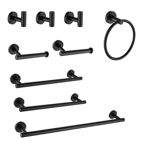 9-Piece Matte Black Stainless Steel Wall-Mount Bathroom Rack Set
