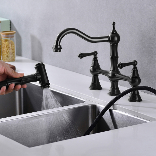 Matte Black Brass Bridge Kitchen Faucet with Dual Handles and Spray