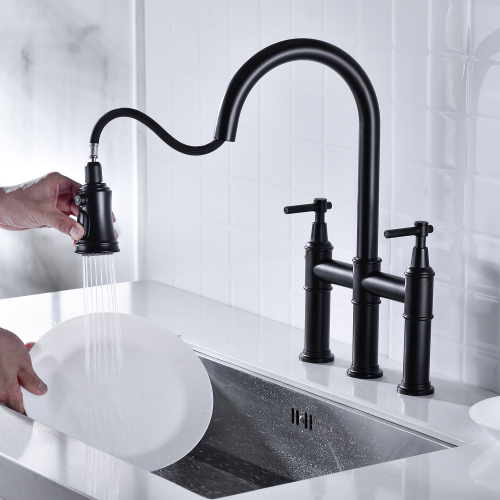 Matte Black Brass Bridge Kitchen Faucet with Pull-Down Sprayhead