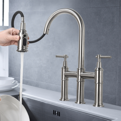 Brushed Nickel Brass Bridge Kitchen Faucet with Pull-Down Sprayhead