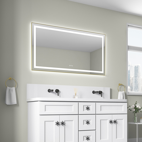 30-Inch Brushed Gold Aluminum LED Bathroom Mirror, Front & Backlit