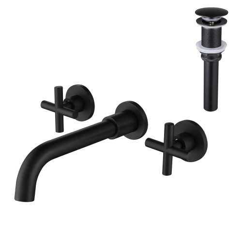 Matte Black Brass & Steel Dual-Handle Wall Faucet with Pop-Up Drain