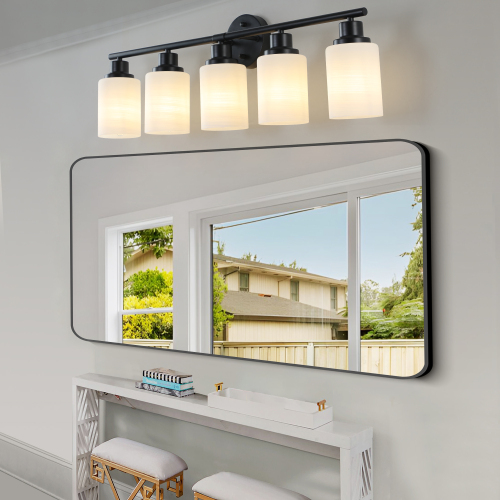 31-Inch Modern 5-Light Black Iron Vanity Light with Frosted Glass