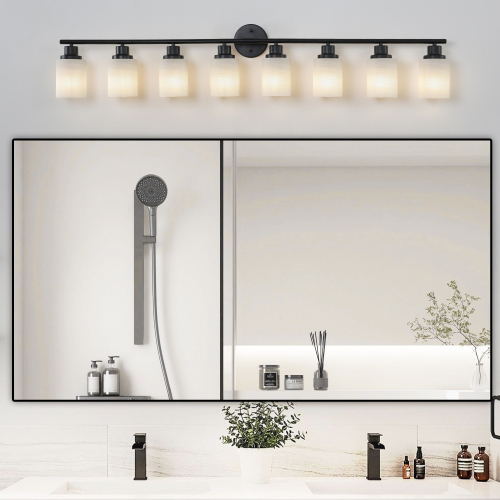 52-Inch Modern 8-Light Black Iron Vanity Light with Frosted Glass