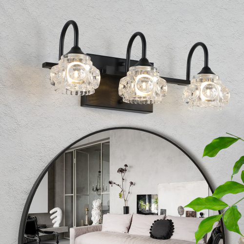 29.1-Inch Black Iron 3-Light Vanity Light with Crystal Glass Shades