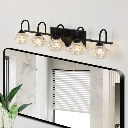 29-Inch Retro 5-Light Black Iron Vanity Light with Crystal Shades