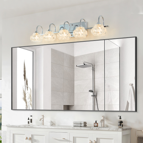 29-Inch Chrome Iron 5-Light Crystal Vanity Light with Glass Shades