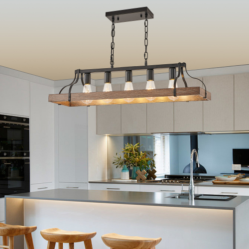 34-Inch Black and Walnut Iron 5-Light Farmhouse Pendant Chandelier