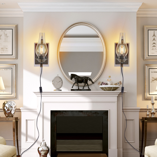 Rustic Black and Gold Iron Plug-In Wall Sconces with Clear Glass, Set of 2