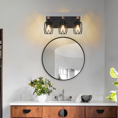18-Inch Walnut and Iron Industrial 3-Light Cage Wall Sconce