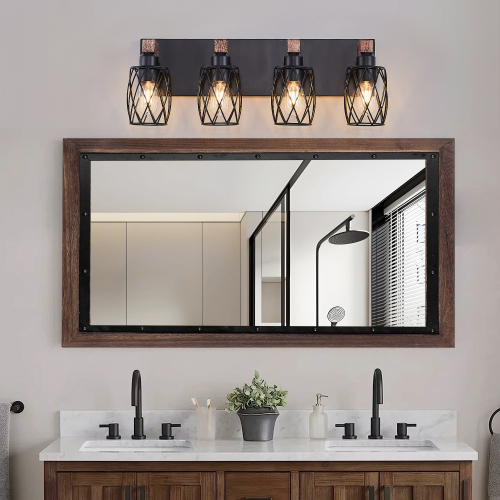 37.6-Inch Industrial 4-Light Walnut Iron Cage Wall Sconce