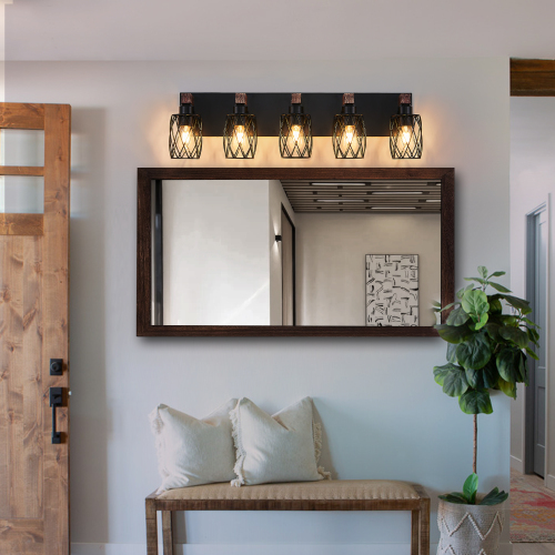 37.6-Inch Walnut Iron 5-Light Industrial Cage Wall Sconce