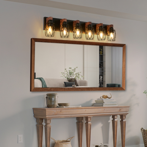 38-Inch Walnut and Black Iron 6-Light Industrial Wall Sconce