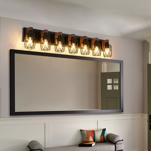 7-Light Industrial Cage Iron Wall Sconce with Walnut Accents