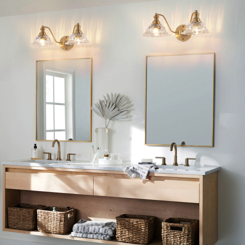 20-Inch 2-Light Gold Iron Bathroom Wall Sconce with Glass Shade