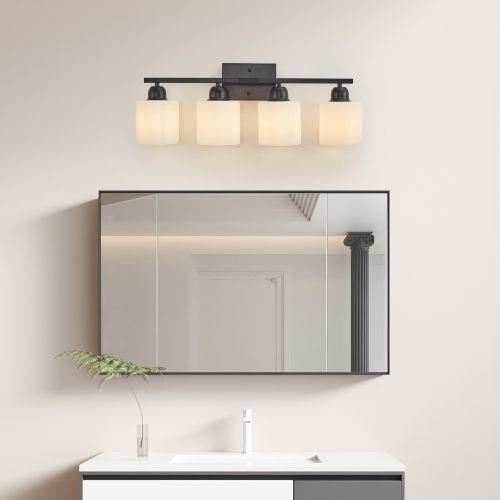 Modern Black Iron 4-Light Vanity Light with Frosted Glass Shades