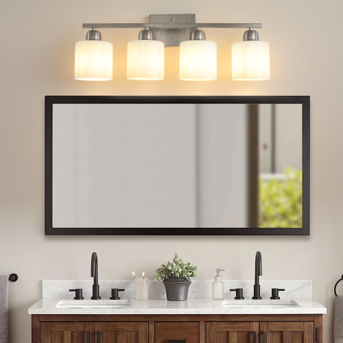 4-Light Chrome Iron Bathroom Vanity Light with Frosted Glass Shades