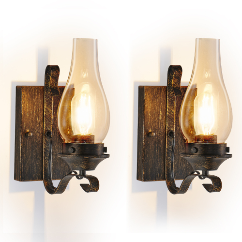 Rustic Hardwired Iron Wall Sconces with Glass, Set of 2, Black & Gold