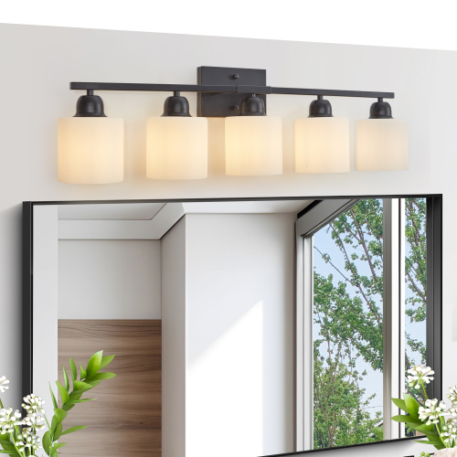 51.6-Inch Black Iron 5-Light Vanity Fixture with Frosted Glass