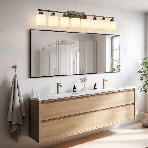 52-Inch Black Iron 8-Light Vanity Fixture with Frosted Glass